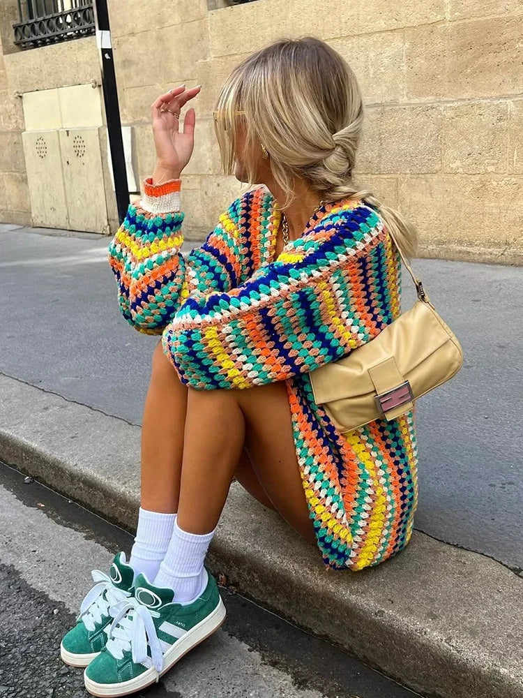 Women's multicoloured striped knitted cardigan with open front and long sleeves