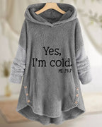 Women's hooded tunic top with text print, long sleeves, curved hem and side buttons