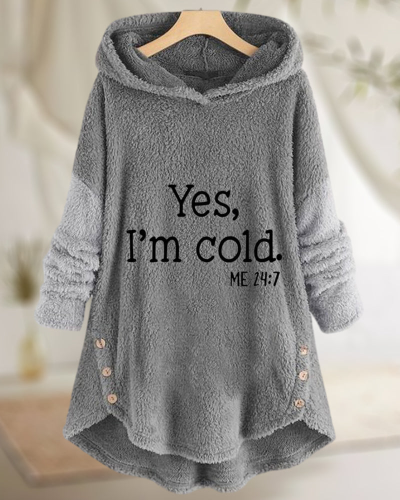 Women's hooded tunic top with text print, long sleeves, curved hem and side buttons