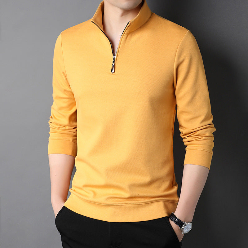 Men's plain long-sleeved quarter-zip sweater with a raised mock neck