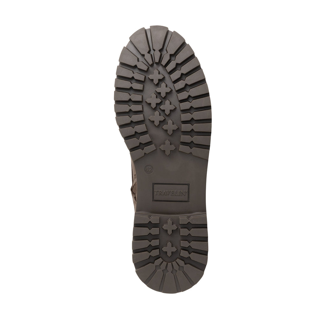 Brown lace-up ankle boots with side zippers and lugged soles