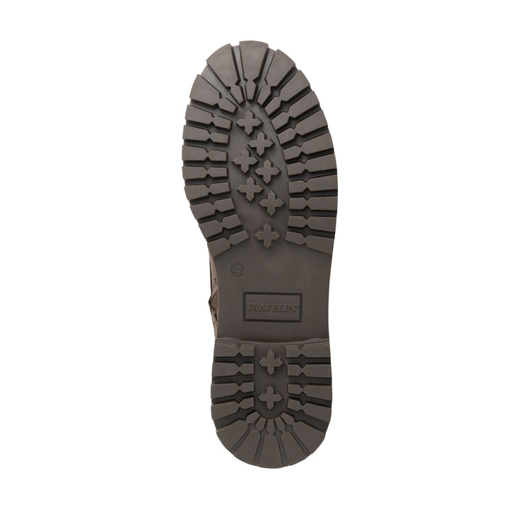Brown lace-up ankle boots with side zippers and lugged soles