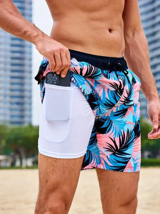 Men's slim fit swim shorts with printed pattern and interior lining, drawstring waist