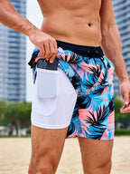 Men's slim fit swim shorts with printed pattern and interior lining, drawstring waist