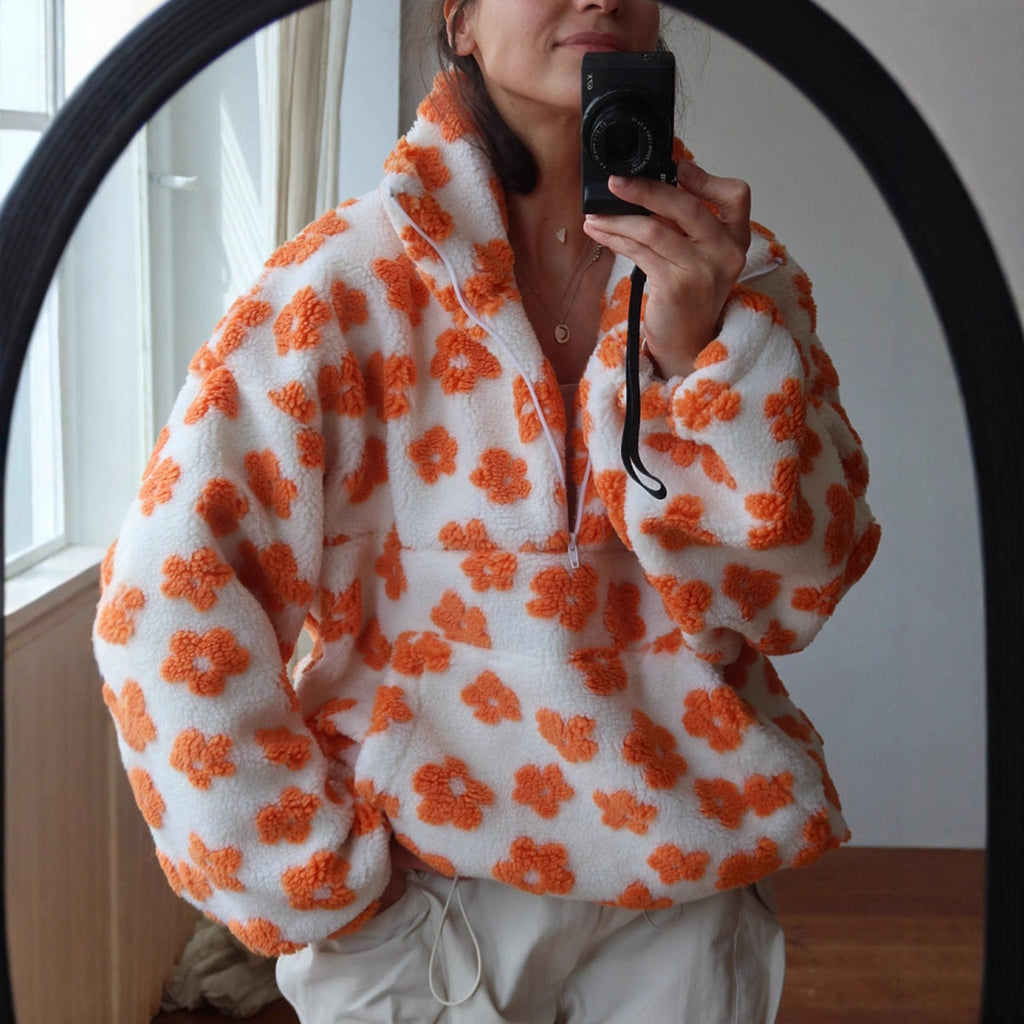 Women's floral fleece hoodie with hood, long sleeves, front zip and pouch pocket