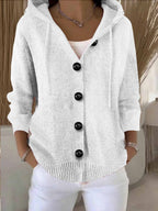 Women's hooded knitted cardigan with long sleeves, buttons and ribbed trims