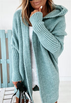 Women's oversized hooded cardigan with batwing sleeves and ribbed trims