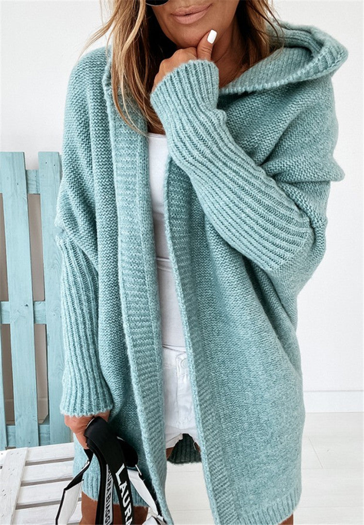 Women's oversized hooded cardigan with batwing sleeves and ribbed trims