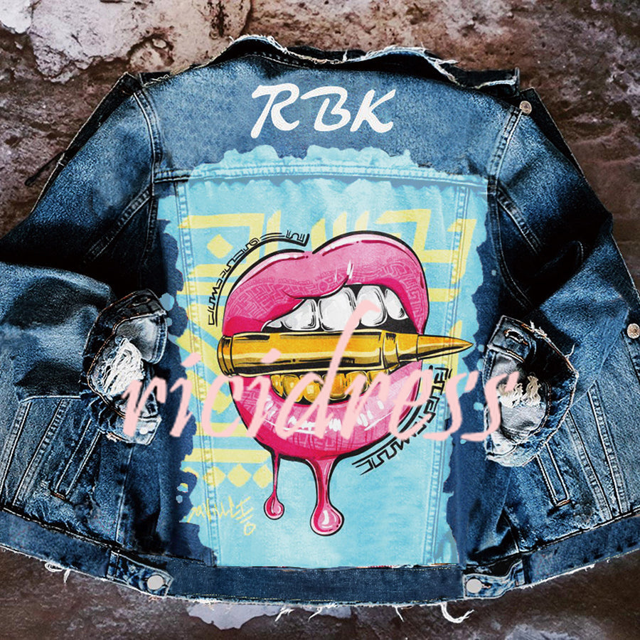 Graphic denim jacket with colourful illustrated back print