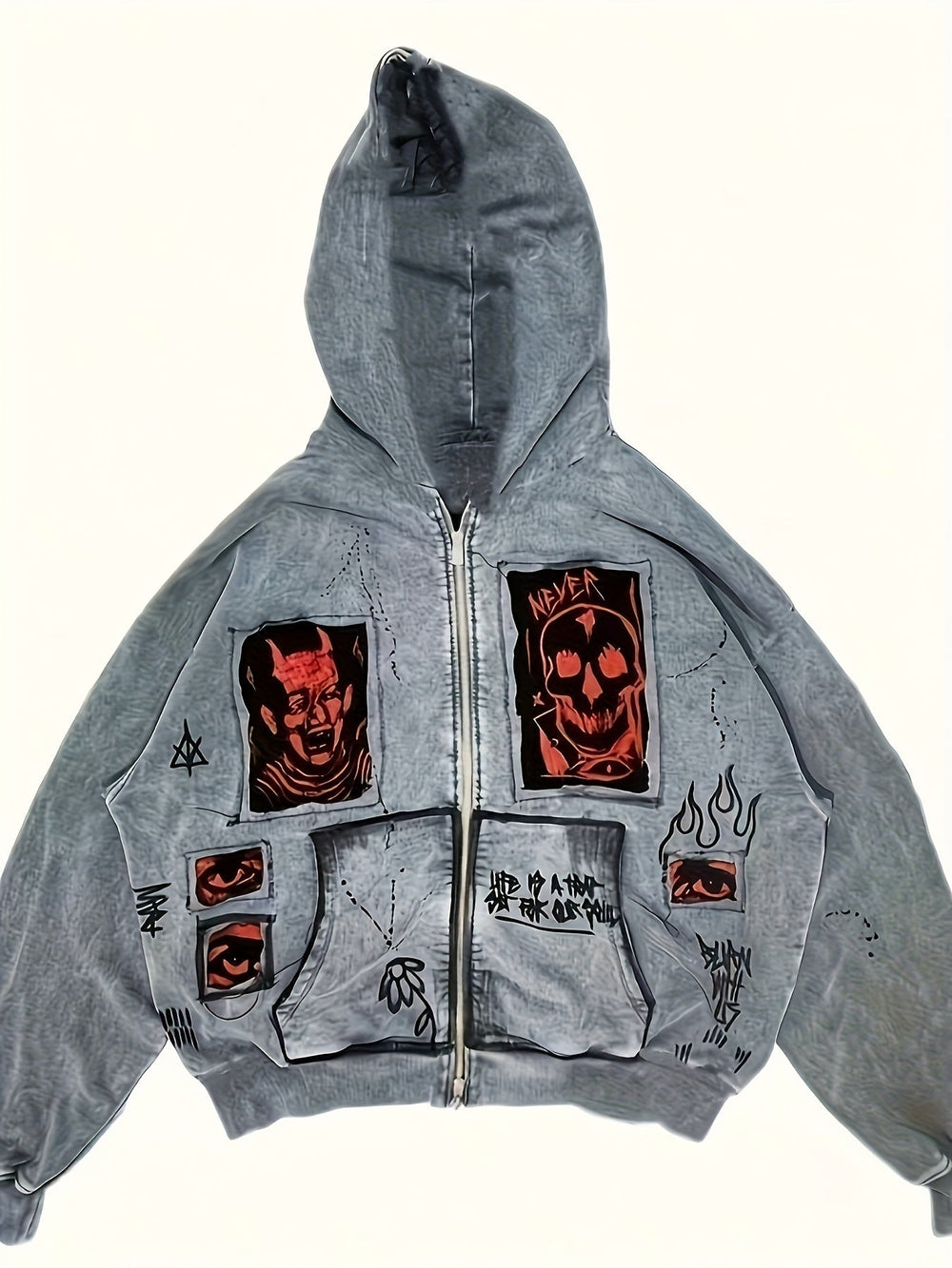 Men's grey zip-up hoodie with hood, graphic patches and front pockets