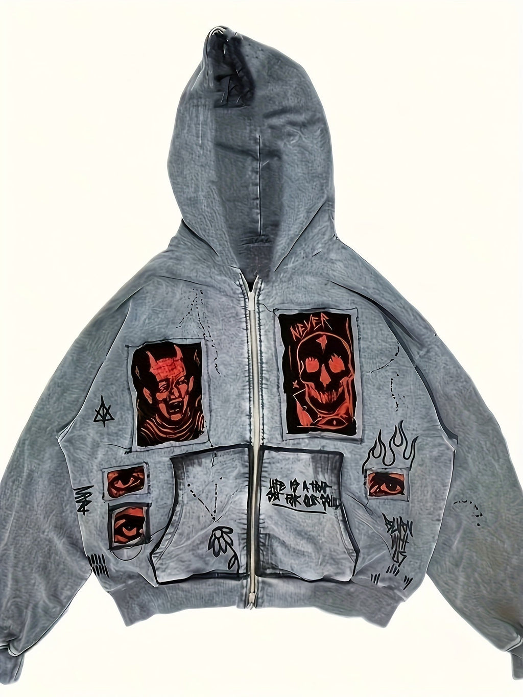 Men's grey zip-up hoodie with hood, graphic patches and front pockets