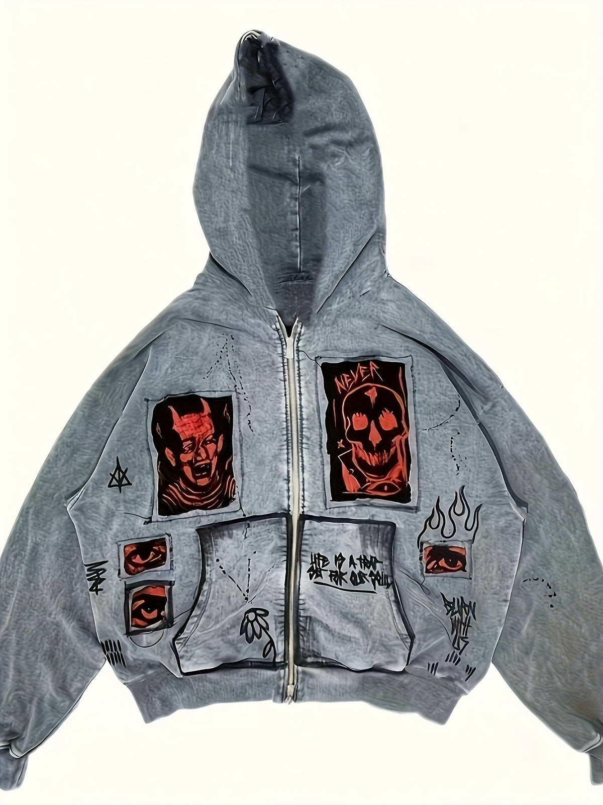 Men's grey zip-up hoodie with hood, graphic patches and front pockets