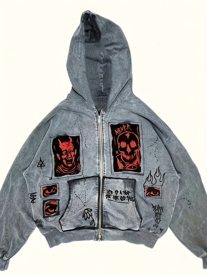 Men's grey zip-up hoodie with hood, graphic patches and front pockets