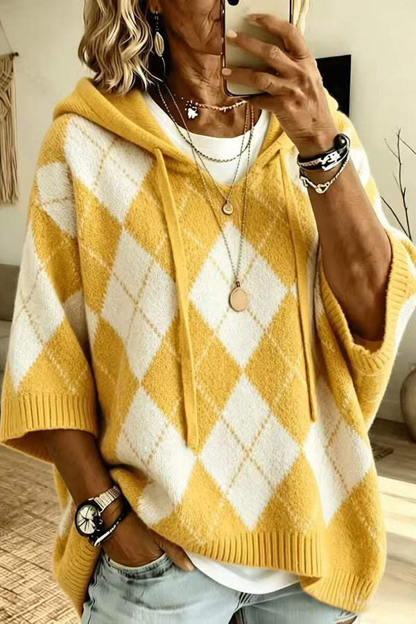 Women's argyle hooded knit sweater with 3/4 sleeves