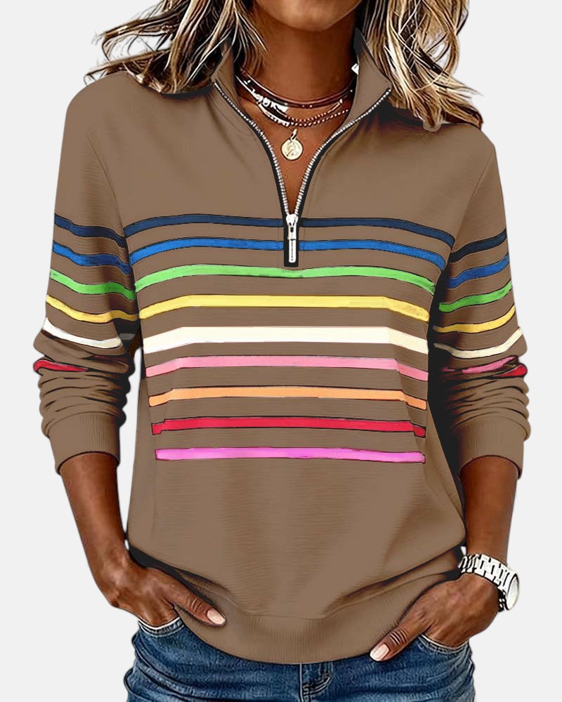 Women's striped quarter-zip sweatshirt with stand collar and long sleeves