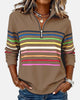 Women's striped quarter-zip sweatshirt with stand collar and long sleeves