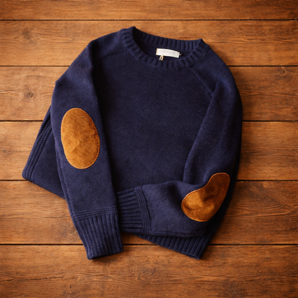Women's crew-neck knit sweater with raglan sleeves and elbow patches