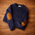 Women's crew-neck knit sweater with raglan sleeves and elbow patches