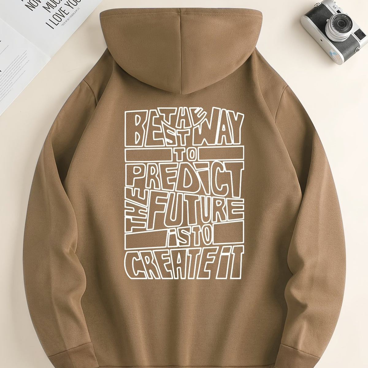 Men's hooded sweatshirt with large outlined text print on the back