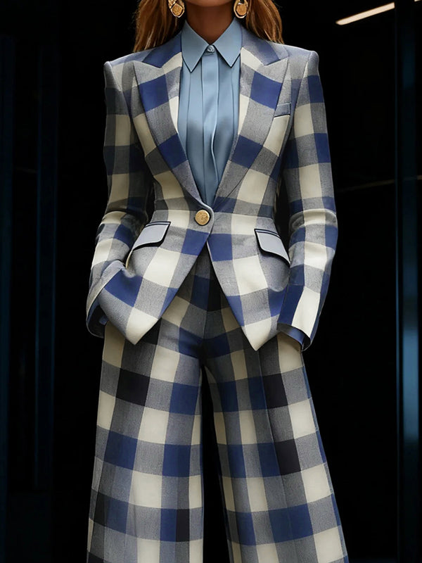 Women's blue checked blazer with notched collar, long sleeves and flap pockets