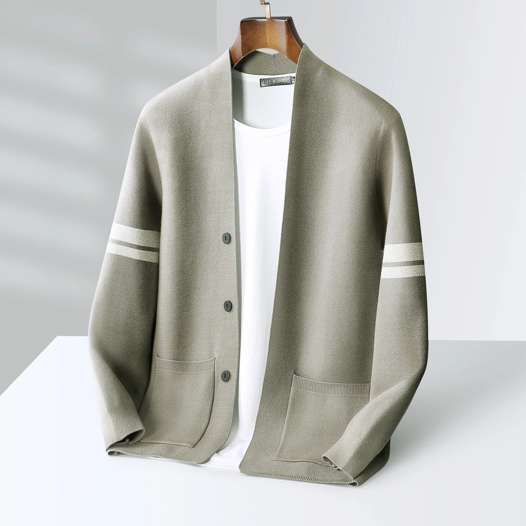 Men's cardigan with button front, patch pockets and striped long sleeves