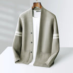 Men's cardigan with button front, patch pockets and striped long sleeves