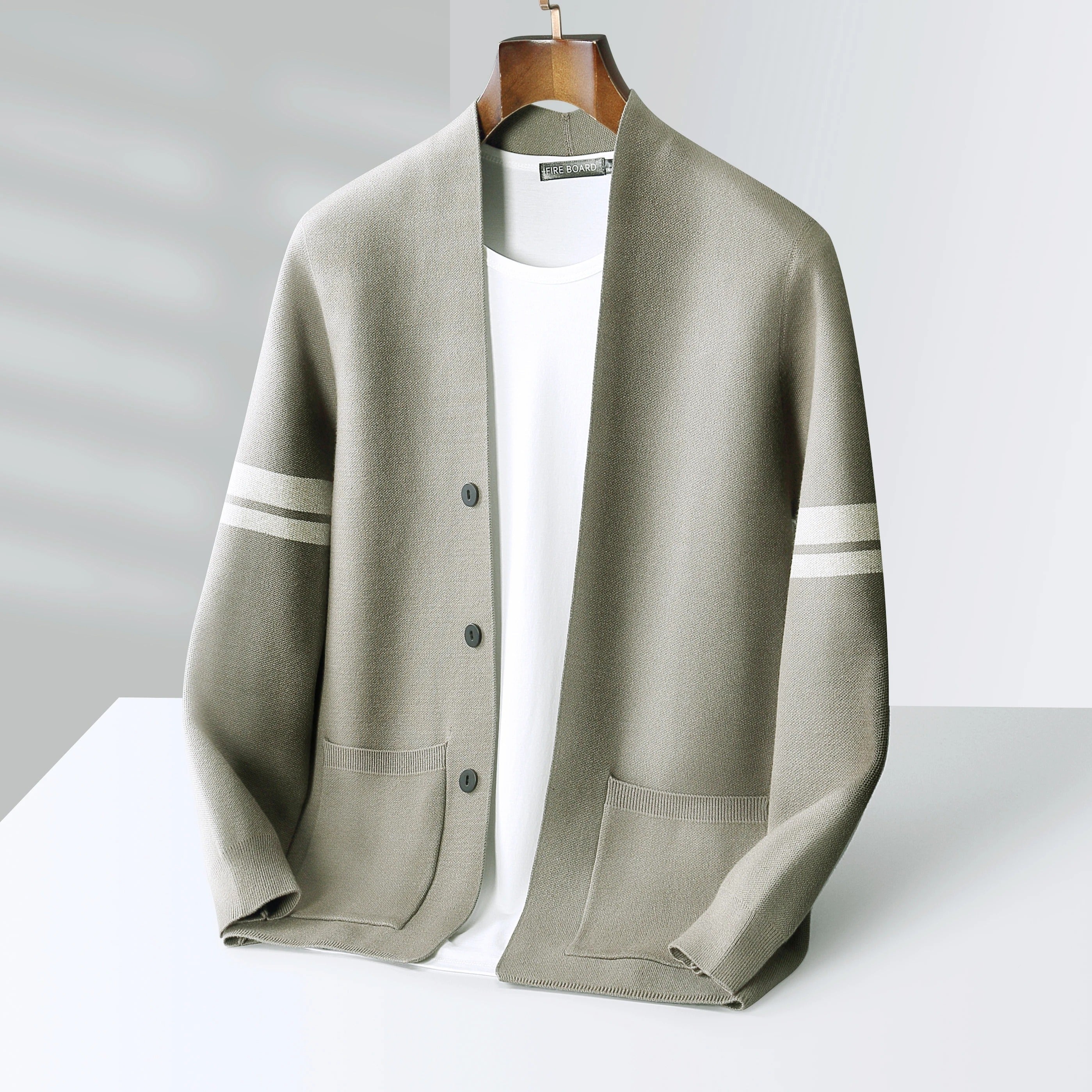 Men's cardigan with button front, patch pockets and striped long sleeves