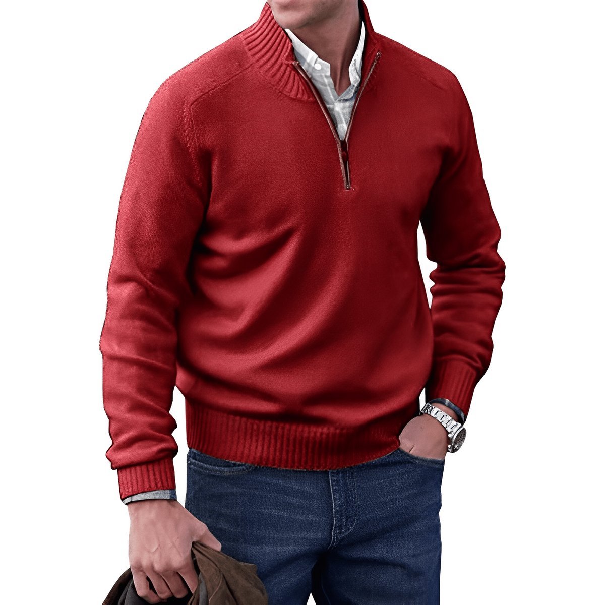 Men's quarter-zip knitted sweater with mock neck and ribbed trims