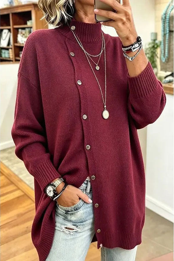 Women's ribbed turtleneck button-down longline jumper