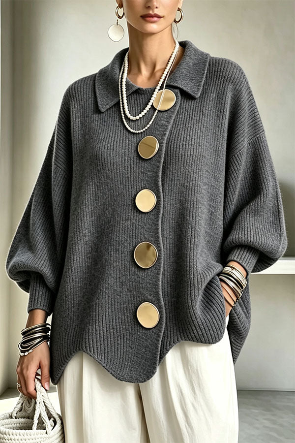 Women's oversized ribbed cardigan with collared neckline, balloon sleeves and large front buttons