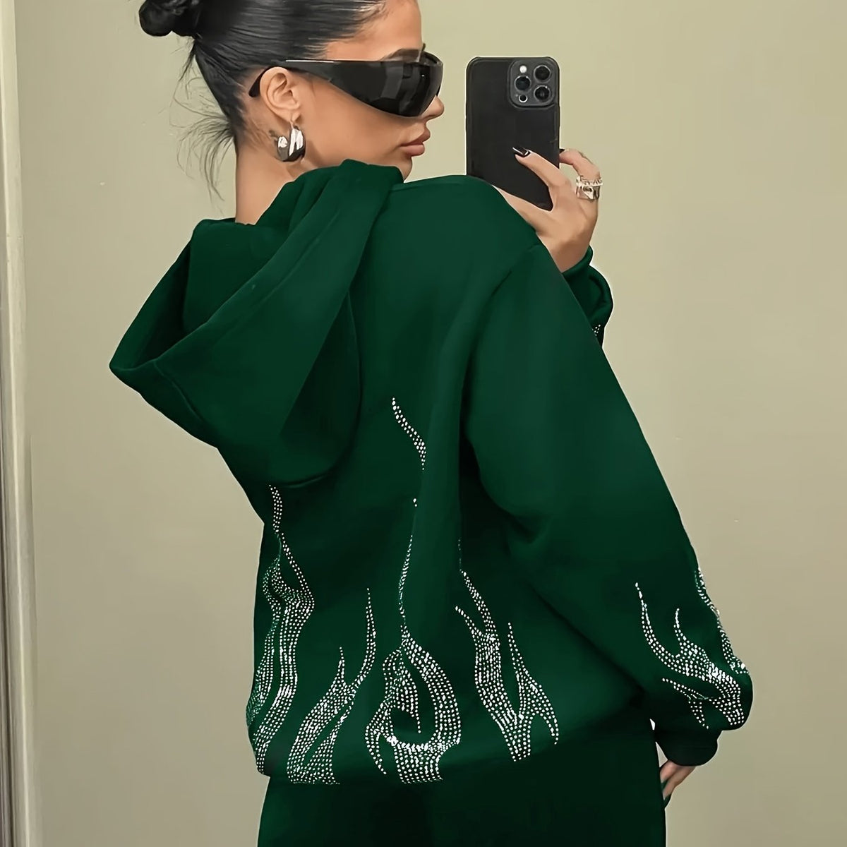 Women's hooded sweatshirt with rhinestone flame detailing on the back and sleeves