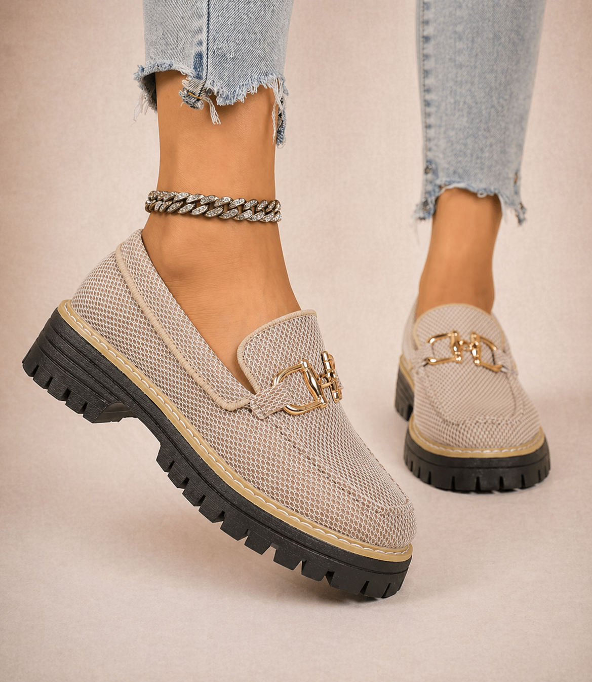 Women's beige mesh loafers with gold horsebit detail and chunky black lug soles