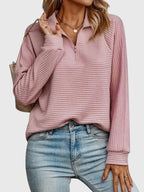 Women's ribbed quarter-zip sweater with collar and long sleeves