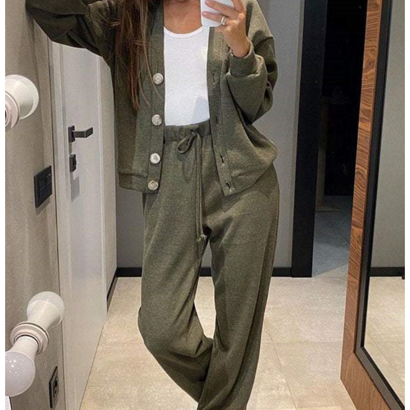 Women's knit cardigan and wide-leg trousers co-ord set