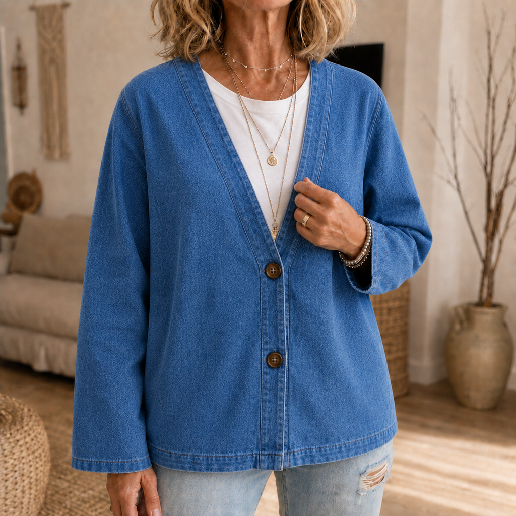 Women's collarless button-down cardigan with long sleeves and hip-length cut