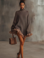 Women's brown turtleneck mini dress with long sleeves and ruffled hem