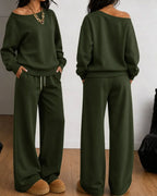 Women's one-shoulder sweatshirt and wide-leg trouser set