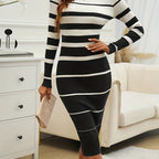 Women's striped ribbed sweater midi dress with round neck and long sleeves