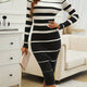 Women's striped ribbed sweater midi dress with round neck and long sleeves
