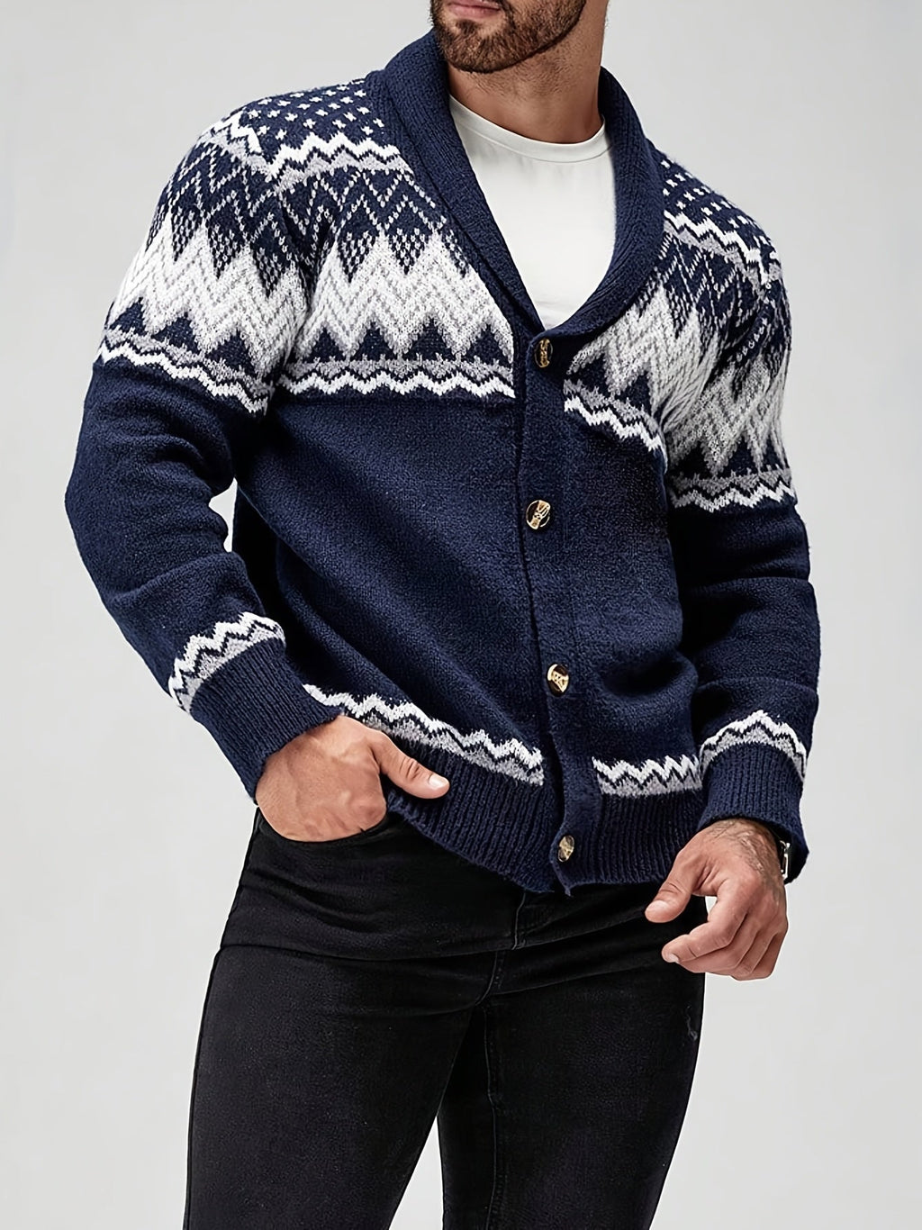 Men's Fair Isle shawl collar cardigan with buttons