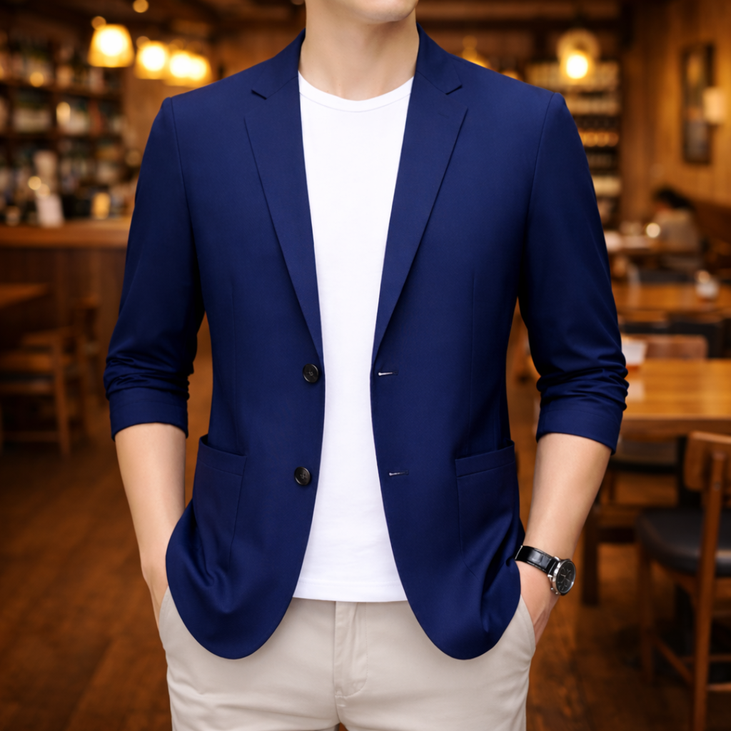 Men's casual blazer with notched lapels and front pockets