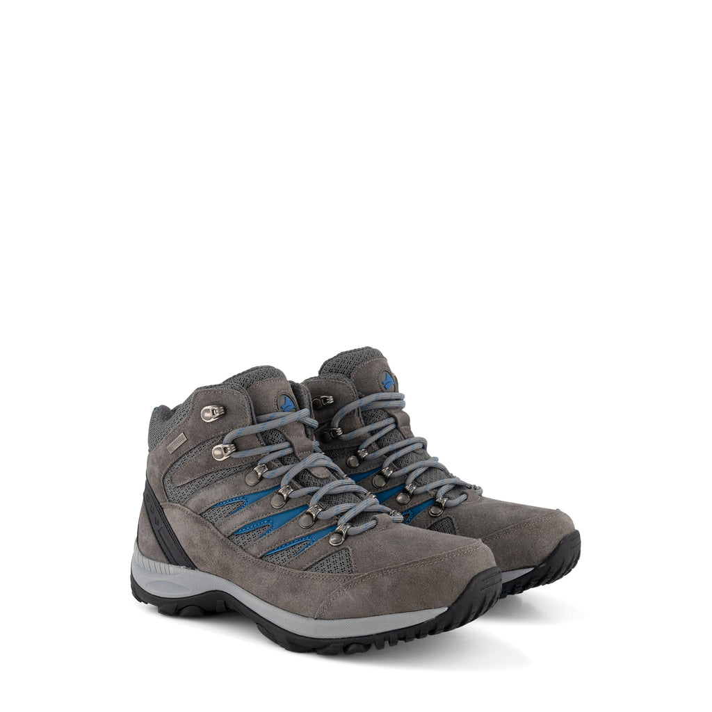 Grey lace-up hiking boots with blue accents and lugged soles
