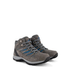 Grey lace-up hiking boots with blue accents and lugged soles