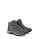 Grey lace-up hiking boots with blue accents and lugged soles
