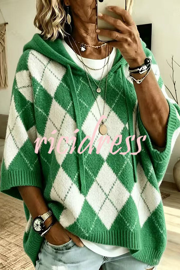 Women's argyle hooded knit sweater with 3/4 sleeves