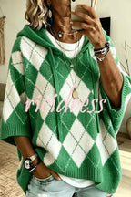 Women's argyle hooded knit sweater with 3/4 sleeves