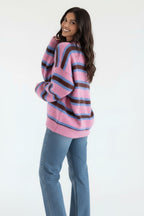 Women's pink striped jumper with crew neck and long sleeves