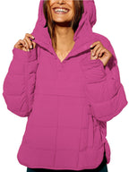 Women's oversized hooded quilted pullover jacket with long sleeves and front pockets