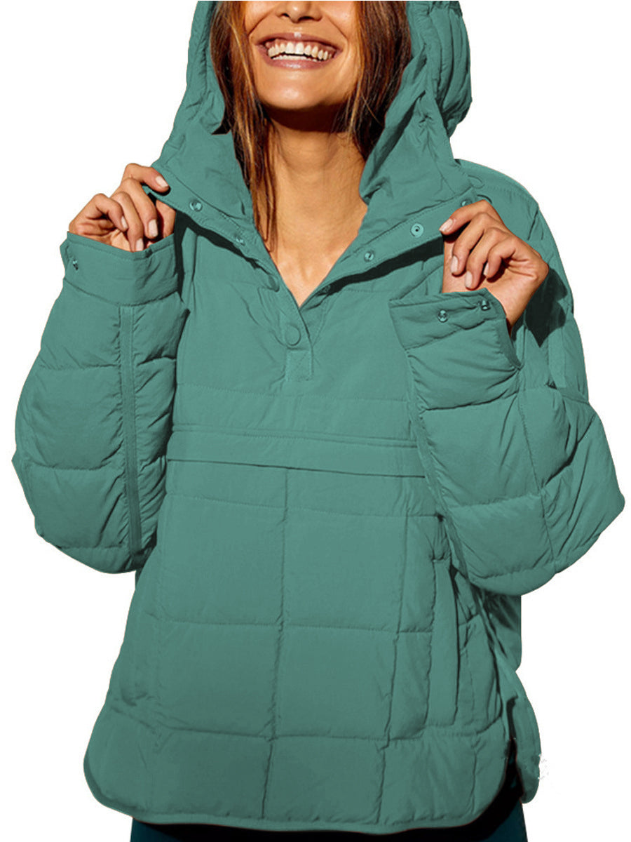 Women's oversized hooded quilted pullover jacket with long sleeves and front pockets