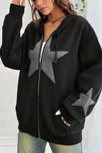 Women's oversized zip hoodie with contrasting star appliques, hood and kangaroo pockets